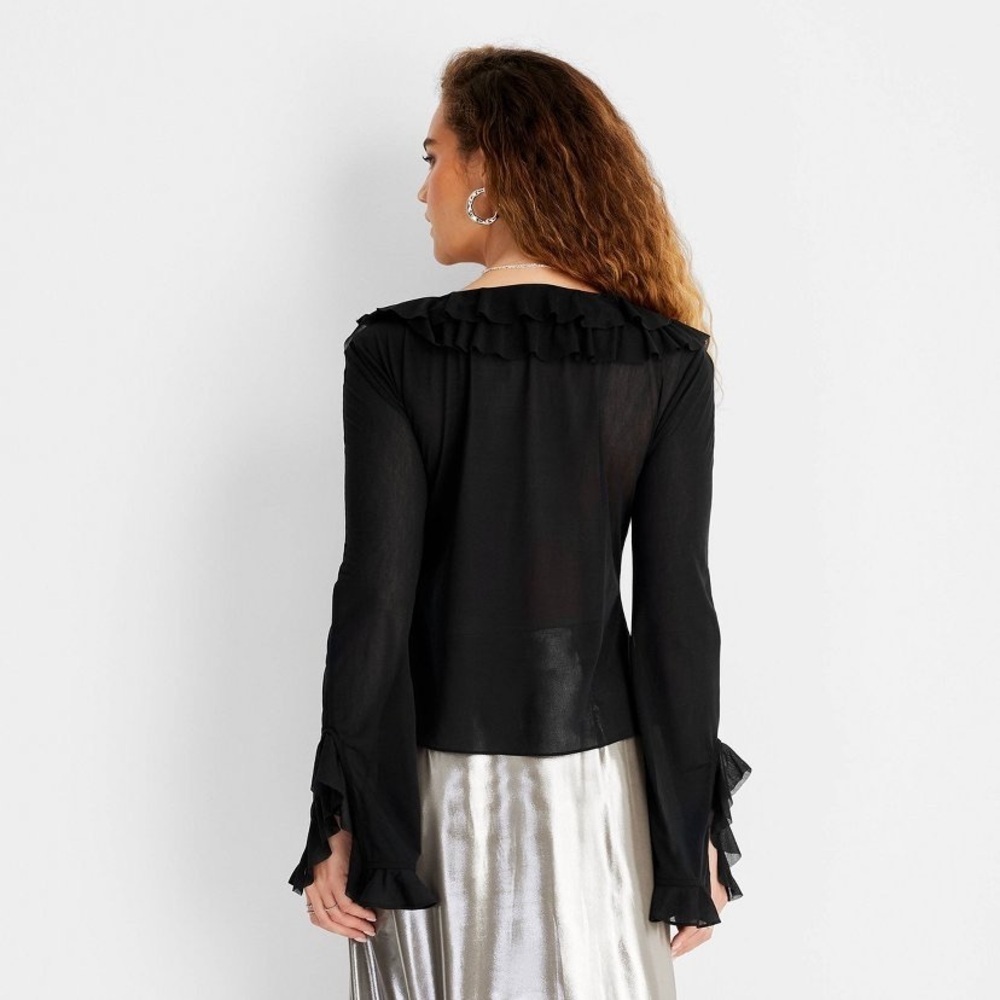 Women's Ruffle Long Sleeve V-Neck Blouse - Future Collective Black New — image 2 of 5